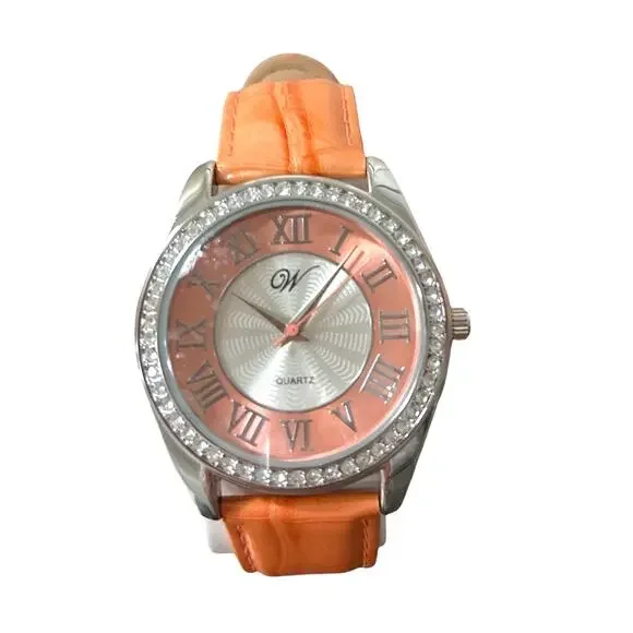 W by Waltham Womens Watch Orange Crock-Embossed Leather Strap Crystal Bezel NIB - Picture 2 of 8